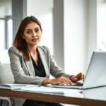 a confident woman at a desk planning her business strategy