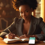 A confident, relatable woman seated at her desk journaling or planning, her phone showing a simple finance app in view—cozy, warm lighting, empowered mood.