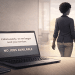 Faceless Black South African woman walking away from laptop displaying job rejection message representing unemployment crisis and choosing to build income independently