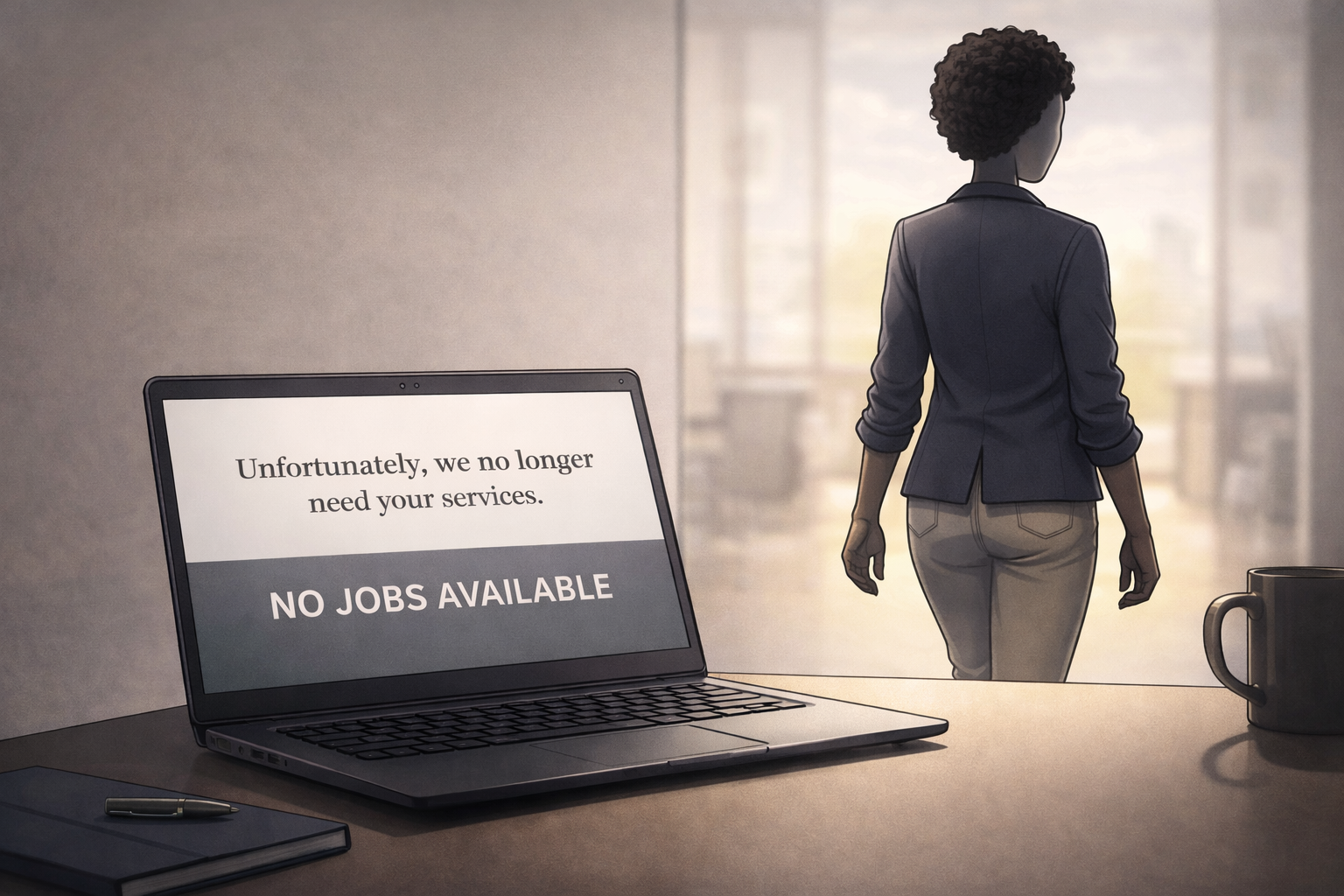 The Government Cannot Save You: Why It’s Time South Africans Stopped Waiting for a Job That Was Never Coming 1 Faceless Black South African woman walking away from laptop displaying job rejection message representing unemployment crisis and choosing to build income independently