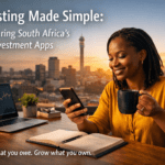 South African woman using a smartphone to invest while reviewing a stock chart on a laptop, representing modern investment apps in South Africa.