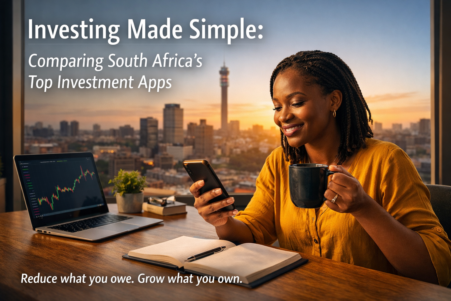 South African woman using a smartphone to invest while reviewing a stock chart on a laptop, representing modern investment apps in South Africa.